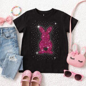 Girls Pink Glitter Bunny Rhinestone Easter Shirt – Sparkle Black Tee